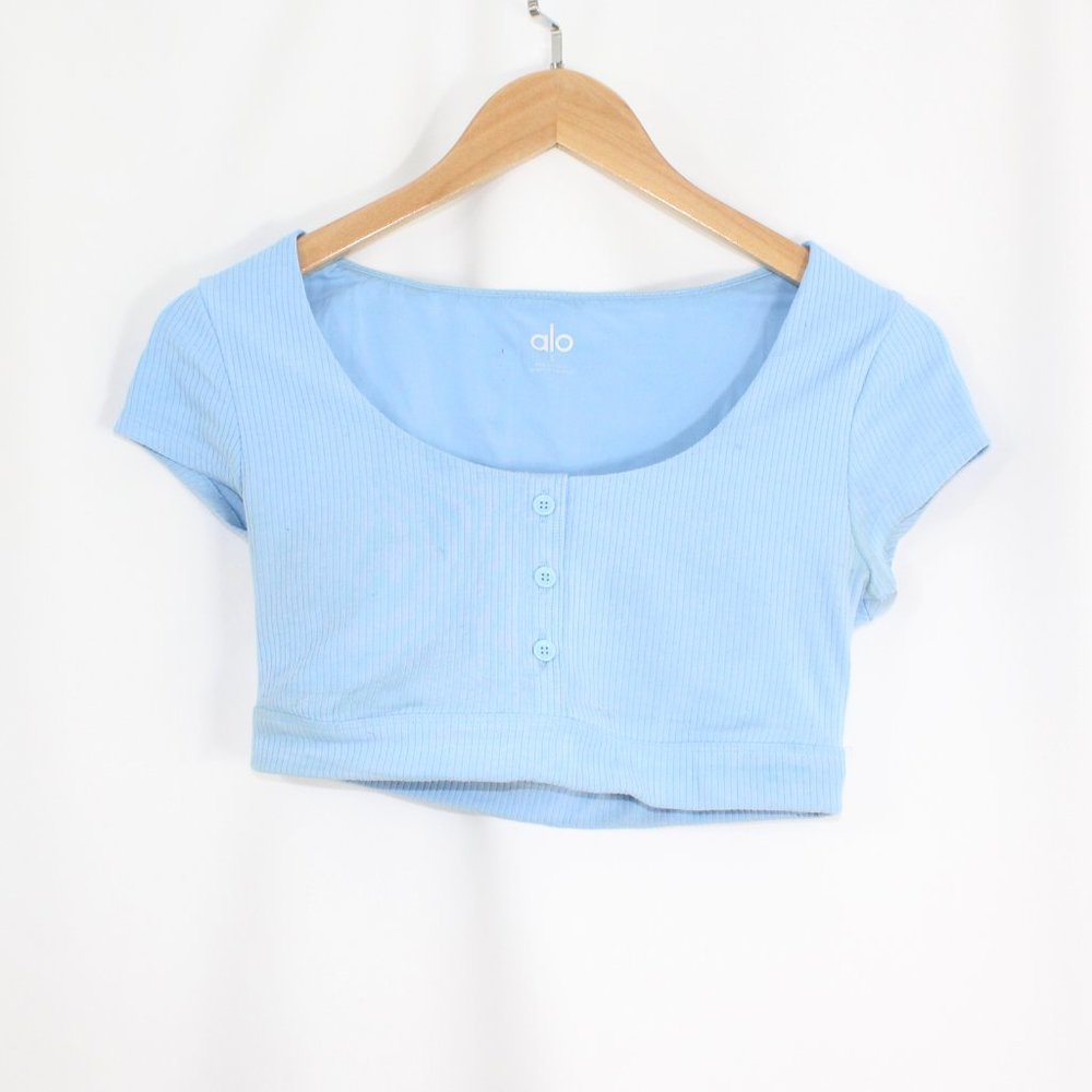 Alo Yoga Blissful Henley Bra Top Blue Skies Small